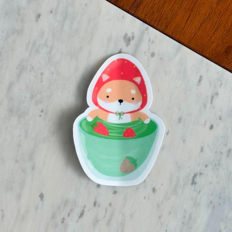 Strawberry Matcha Shiba Waterproof Matte Vinyl Stickers