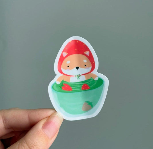 Strawberry Matcha Shiba Waterproof Matte Vinyl Stickers